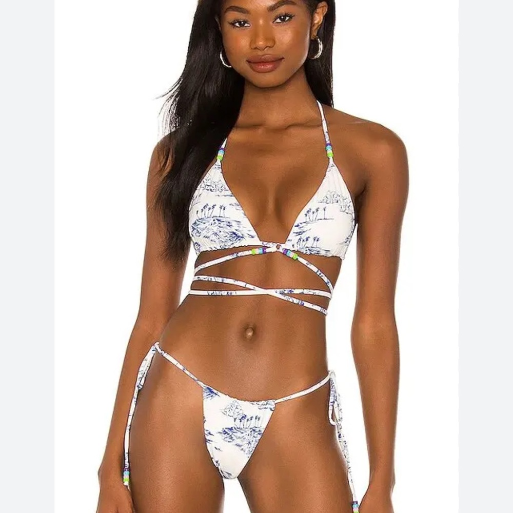 NWT Frankie’s bikini set blue & white with beads “surfer dude”